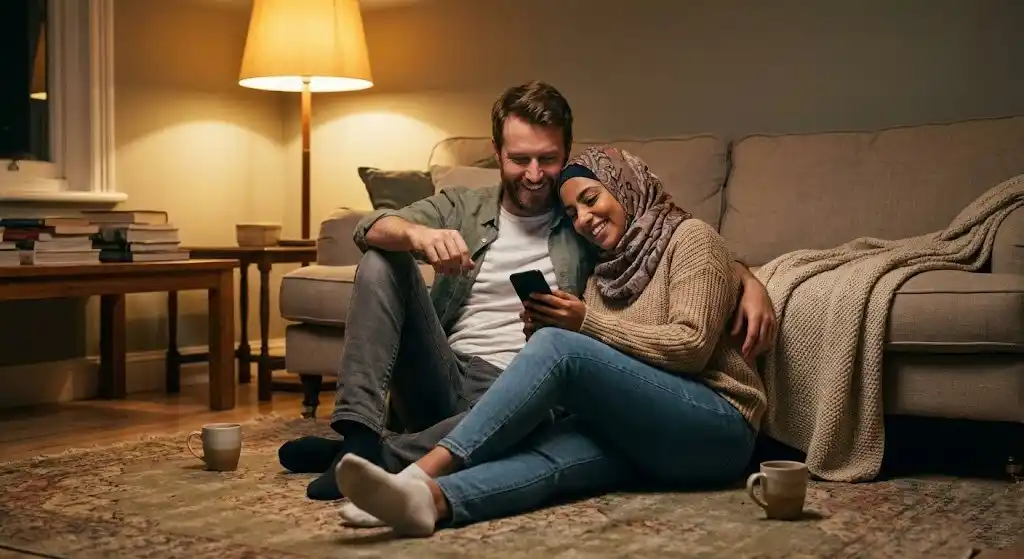 Couple enjoying quality time together while sharing messages