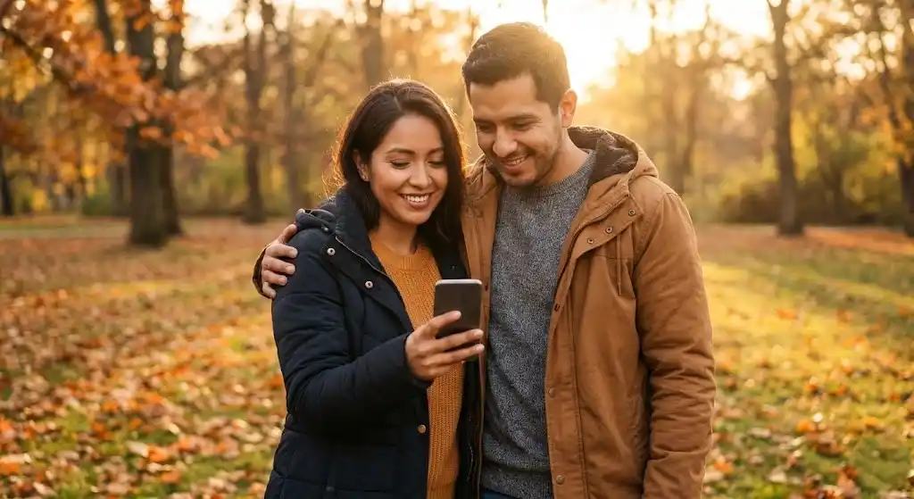 Couple reading love messages together in autumn park setting
