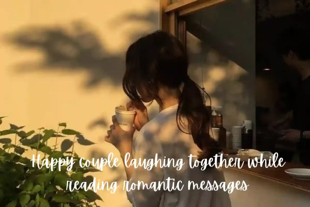 Happy couple laughing together while reading romantic messages