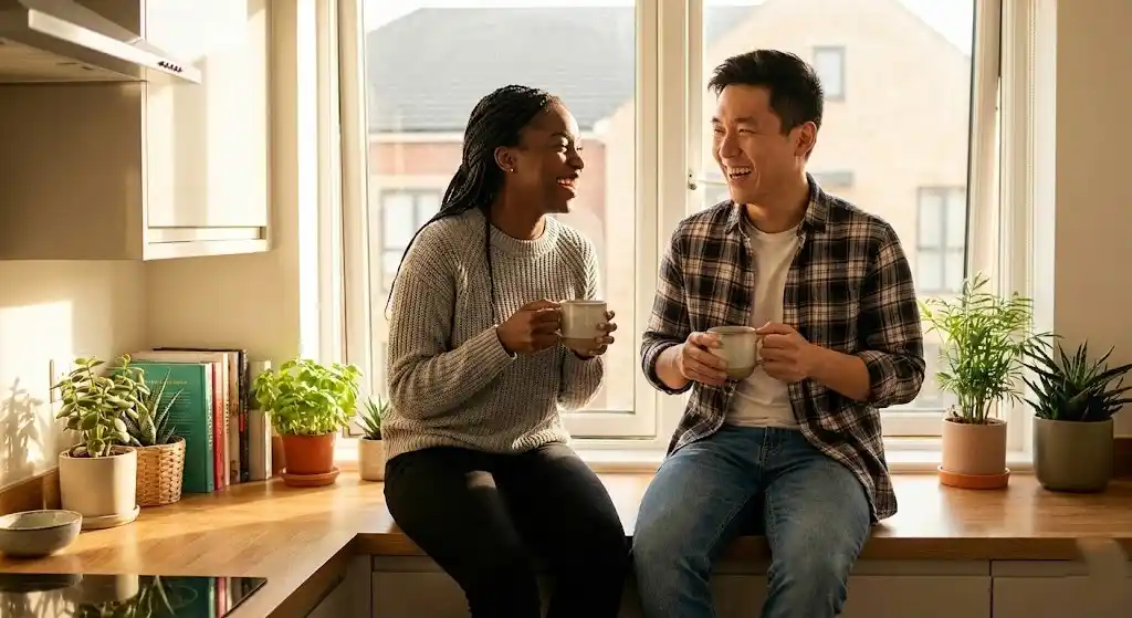 Happy couple sharing an intimate morning moment together