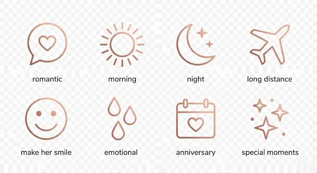 Icon set representing different categories of love messages
