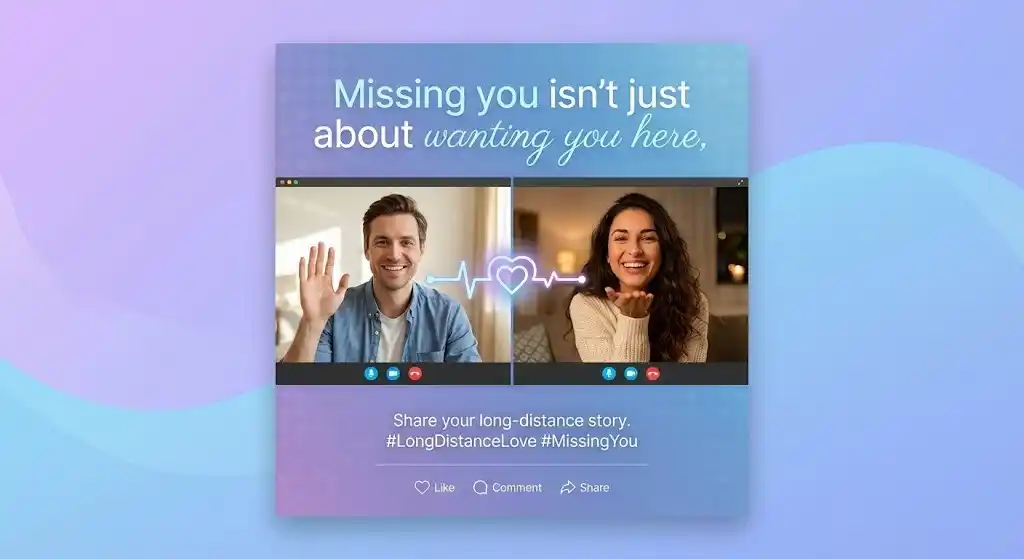 Long distance relationship love message template with couple on video call