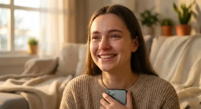 Woman emotionally touched by a heartfelt love message from her partner