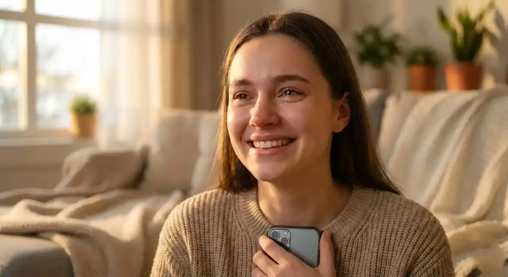 Woman emotionally touched by a heartfelt love message from her partner